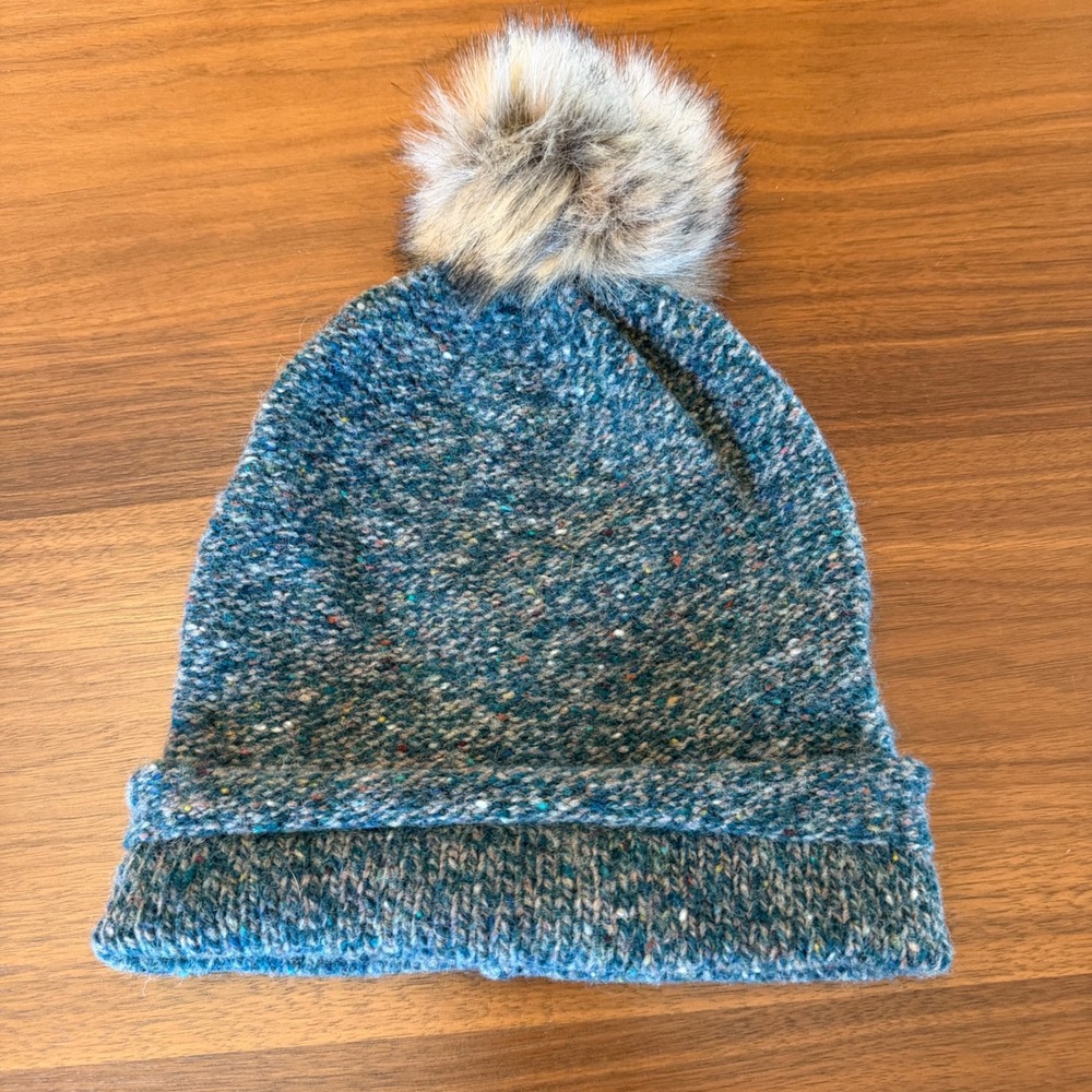 Madewell Teal Donegal Lambswool Blend Faux Fur Pom Beanie Hat One Size‎